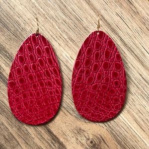 Dark red leather earrings, oversized teardrop shape